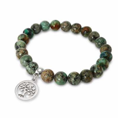 Bracelet Jaspe Africain 8mm et Breloque Arbre de Vie en acier