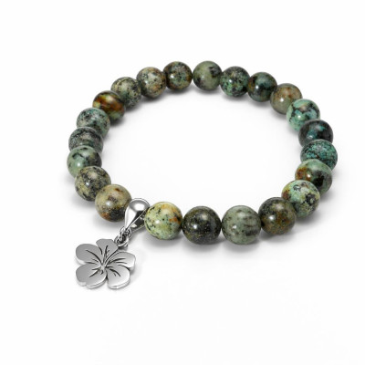 Bracelet Jaspe Africain 8mm et Breloque Hibiscus en Acier