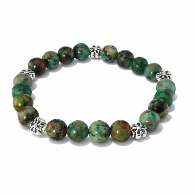 Bracelet Jaspe Africain 8mm et Motif Fleur en métal