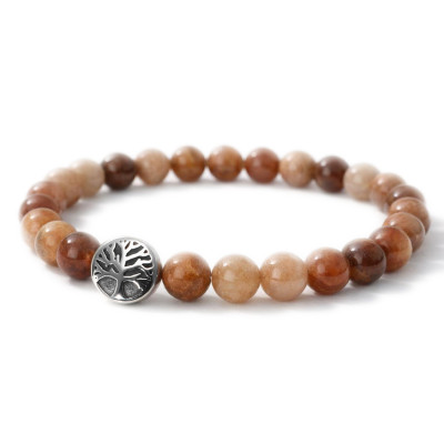 Bracelet Jaspe Bois 8mm et Arbre de vie en Acier