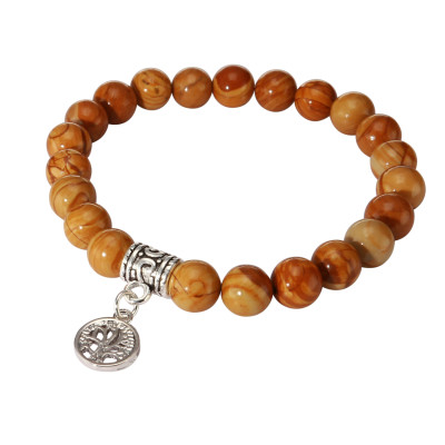 Bracelet Jaspe Bois 8mm et Breloque Arbre de Vie en métal