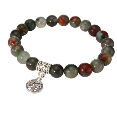 Bracelet Jaspe Heliotrope 8mm et Breloque Arbre de Vie en métal