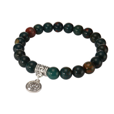 Bracelet Jaspe Sanguin 8mm et Breloque Arbre de Vie en métal