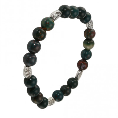 Bracelet Jaspe Sanguin 8mm et Motif Feuille en métal