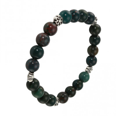 Bracelet Jaspe Sanguin 8mm et Motif Fleur en métal