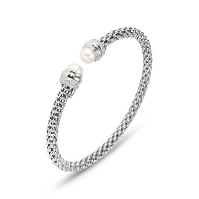 Bracelet Jonc Argent Rhodié Perles de culture et Oxydes de zirconium 4,4mm