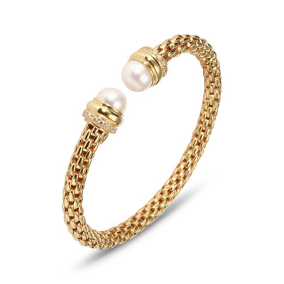 Bracelet Jonc Argent Rhodié Perles de culture  et Oxydes de zirconium 5,6mm