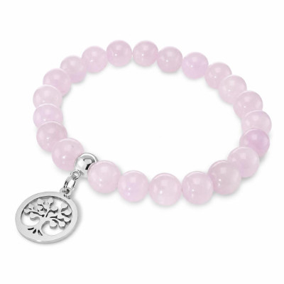 Bracelet Kunzite 8mm et Breloque Arbre de Vie en acier