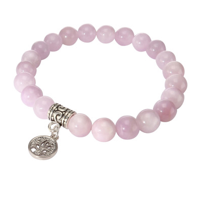 Bracelet Kunzite 8mm et Breloque Arbre de Vie en métal
