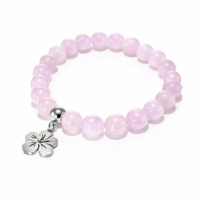 Bracelet Kunzite 8mm et Breloque Hibiscus en Acier