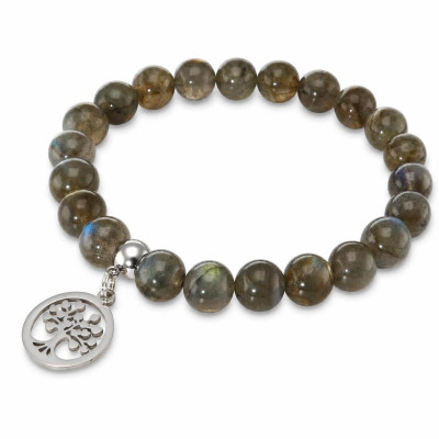 Bracelet Labradorite 8mm et Breloque Arbre de Vie en acier