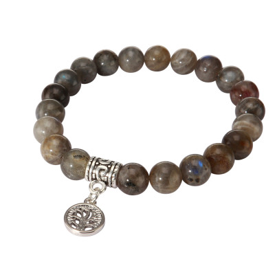 Bracelet Labradorite 8mm et Breloque Arbre de Vie en métal