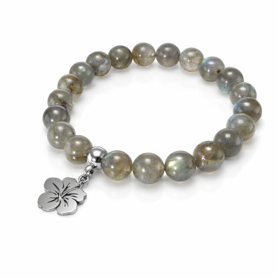 Bracelet Labradorite 8mm et Breloque Hibiscus en Acier