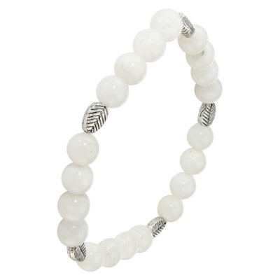 Bracelet Labradorite 8mm et Motif Feuille en métal