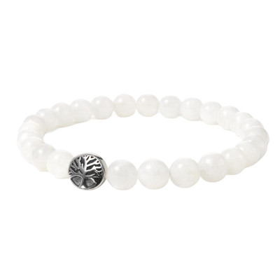 Bracelet Labradorite Blanche 8mm et Arbre de vie en Acier