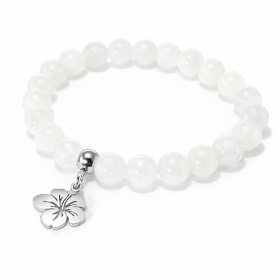 Bracelet Labradorite Blanche 8mm et Breloque Hibiscus en Acier