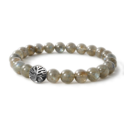 Bracelet Labradorite Grise 8mm et Arbre de vie en Acier