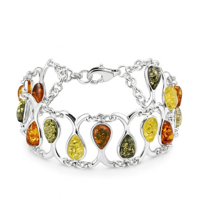Bracelet Large Argent 925 et Ambre Multicolore 22mm x 20cm