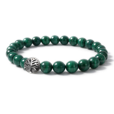 Bracelet Malachite 8mm et Arbre de vie en Acier