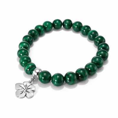 Bracelet Malachite 8mm et Breloque Hibiscus en Acier