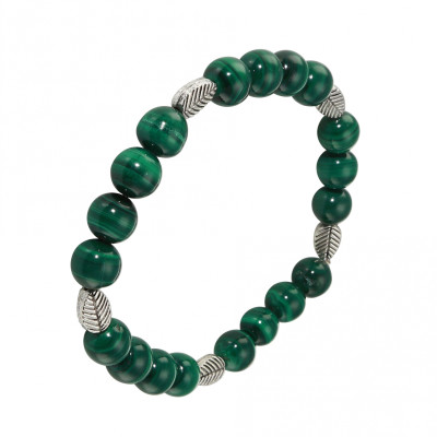 Bracelet Malachite 8mm et Motif Feuille en métal