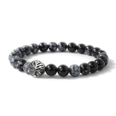 Bracelet Obsidienne 8mm et Arbre de vie en Acier