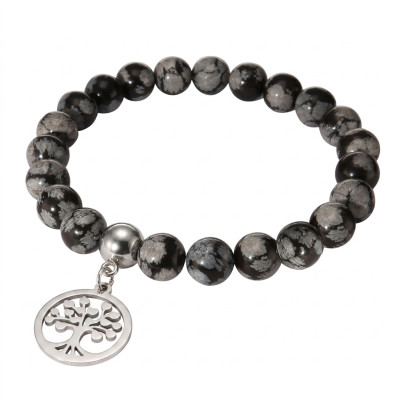 Bracelet Obsidienne 8mm et Breloque Arbre de Vie en acier