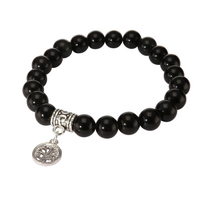 Bracelet Obsidienne 8mm et Breloque Arbre de Vie en métal