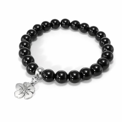 Bracelet Obsidienne 8mm et Breloque Hibiscus en Acier
