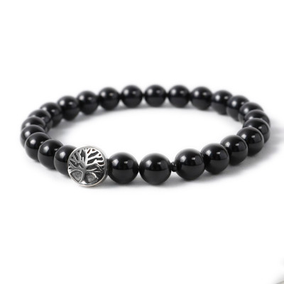 Bracelet Obsidienne Noire 8mm et Arbre de vie en Acier