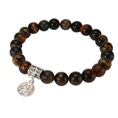 Bracelet Oeil de Faucon 8mm et Breloque Arbre de Vie en métal