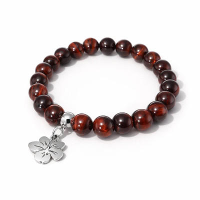 Bracelet Oeil de taureau 8mm et Breloque Hibiscus en Acier