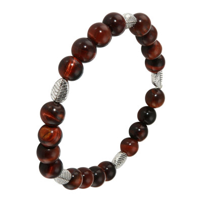 Bracelet Oeil de Taureau 8mm et Motif Feuille en métal