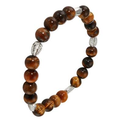 Bracelet Oeil de tigre 8mm et Motif Feuille en métal
