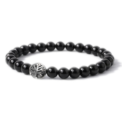 Bracelet Onyx 8mm et Arbre de vie en Acier