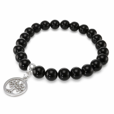 Bracelet Onyx 8mm et Breloque Arbre de Vie en acier