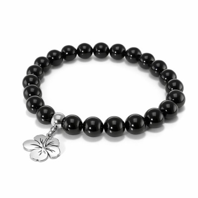 Bracelet Onyx 8mm et Breloque Hibiscus en Acier