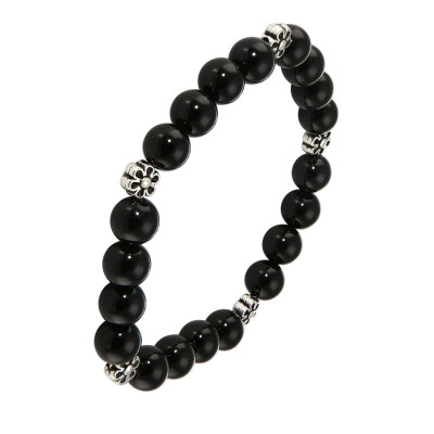 Bracelet Onyx 8mm et Motif Fleur en métal