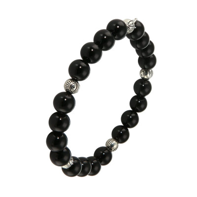 Bracelet Onyx 8mm et Oeil porte bonheur en métal
