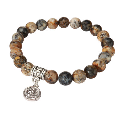 Bracelet Opale Dendritique 8mm et Breloque Arbre de Vie en métal