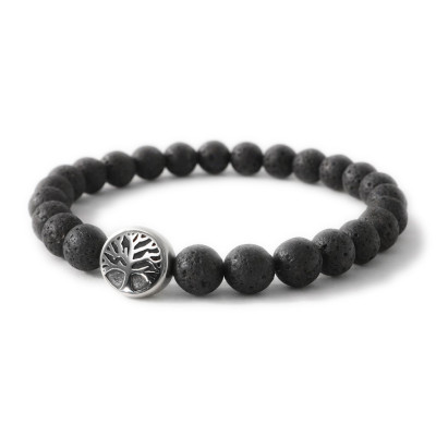 Bracelet Pierre de lave 8mm et Arbre de vie en Acier