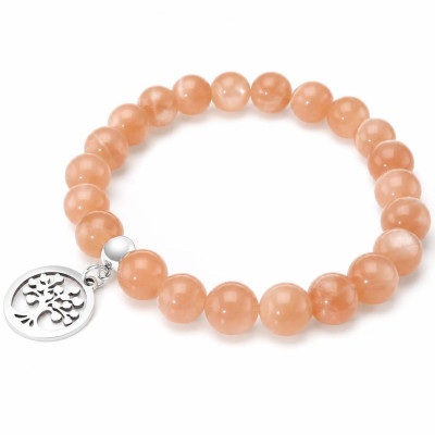 Bracelet Pierre de Lune 8mm et Breloque Arbre de Vie en acier
