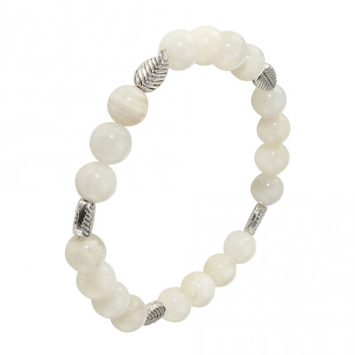 Bracelet Pierre de Lune 8mm et Motif Feuille