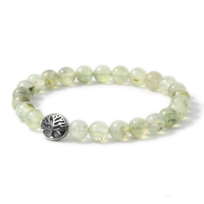 Bracelet Préhnite 8mm et Arbre de vie en Acier