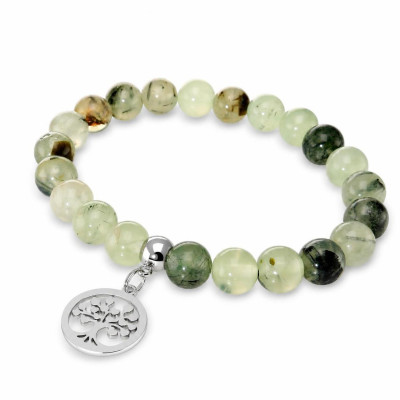 Bracelet Préhnite 8mm et Breloque Arbre de Vie en acier