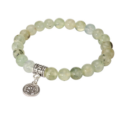 Bracelet Préhnite 8mm et Breloque Arbre de Vie en métal