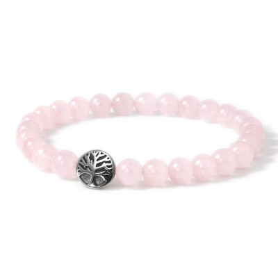 Bracelet Quartz Rose 8mm et Arbre de vie en Acier