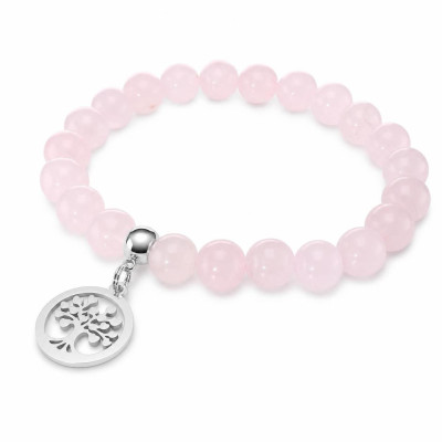 Bracelet Quartz Rose 8mm et Breloque Arbre de Vie en acier