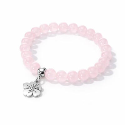 Bracelet Quartz Rose 8mm et Breloque Hibiscus en Acier