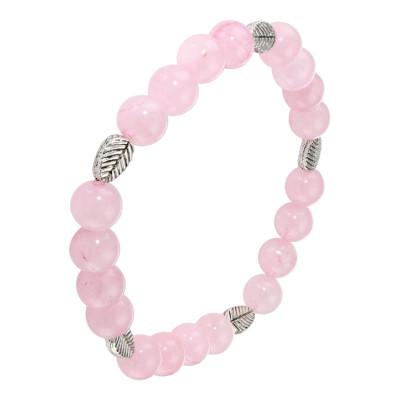 Bracelet Quartz Rose 8mm et Motif Feuille en métal